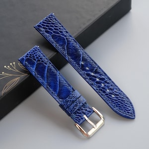 Bracelet de montre en cuir d'autruche bleu - Dimensions personnalisées de 26 mm à 10 mm