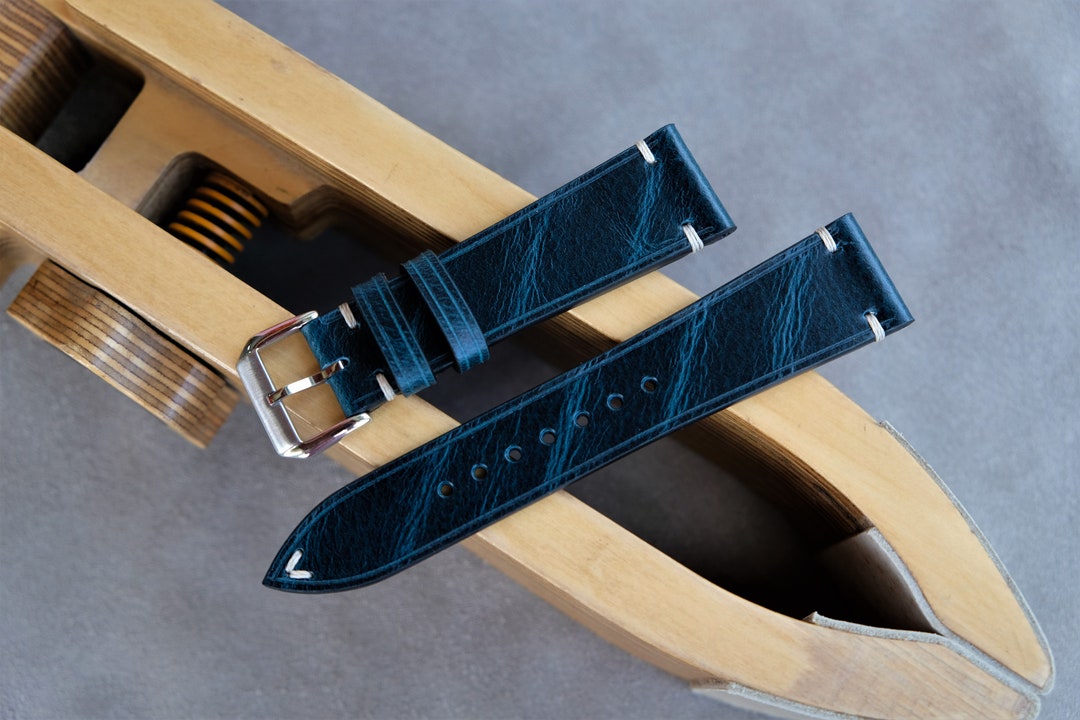 Calf Leather Watch Strap, Dark Blue Watch Band, Vintage Watch Band