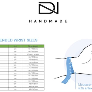 May include: A graphic showing a hand with a measuring tape around the wrist, alongside a chart of recommended wrist sizes in centimeters and strap lengths in millimeters. The word "HANDMADE" is at the top.