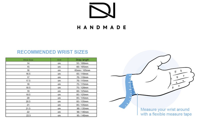 May include: A graphic showing a hand with a measuring tape around the wrist, alongside a chart of recommended wrist sizes in centimeters and strap lengths in millimeters. The word "HANDMADE" is at the top.