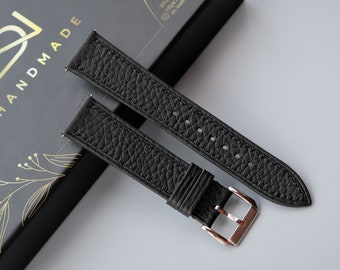 TOGO Calf Leather Watch Band, Black Watch Band, Handmade Watch Band, 26mm 24mm 23mm 22mm 21mm 20mm 19mm 18mm 17mm 16mm 14mm...