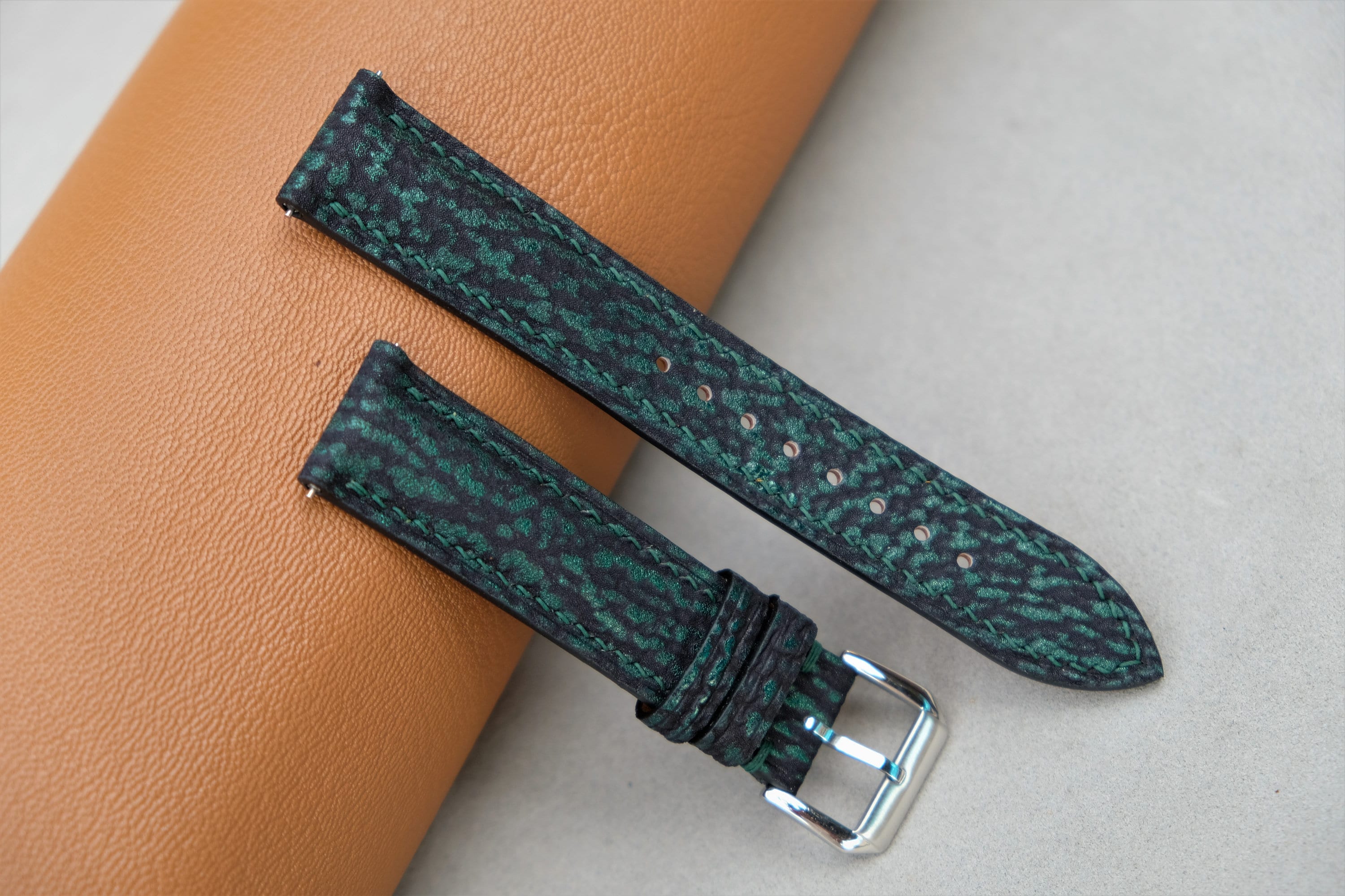 Slim Shark Leather Watch Band – Unisex Style - Forest Green Color Forest Green Alligator Grain Leather Watch Band – Barton  main image 2