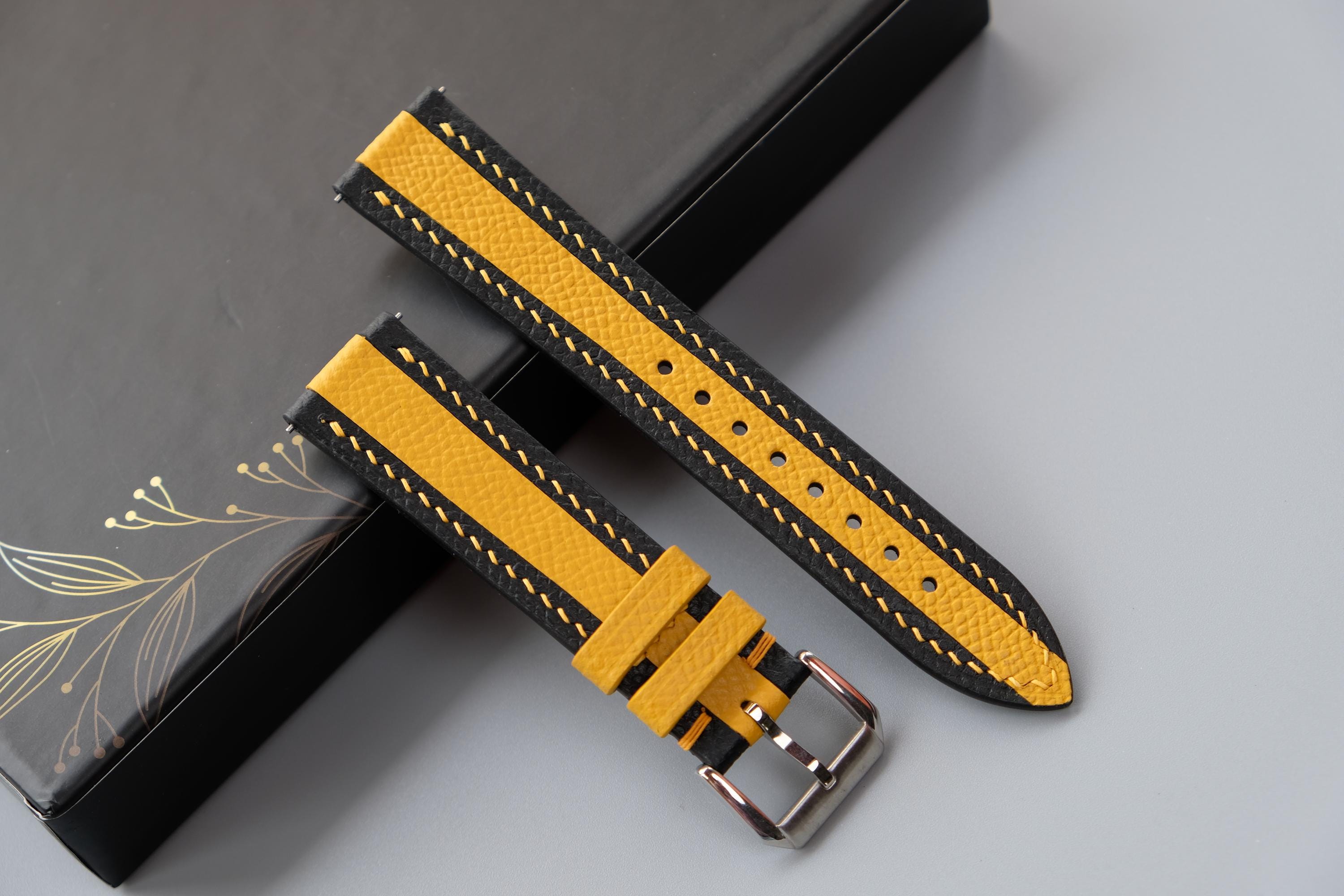 Black & Yellow Epsom Leather Watch Strap - Custom Handmade Band
