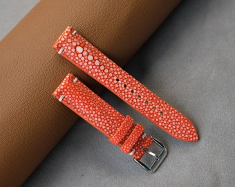 Handmade Orange Stingray Leather Watch Strap with Pearl - Custom Size