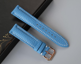 Light Blue Togo Calf Leather Watch Strap - Handmade