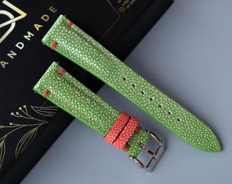 Correa de reloj de piel de raya verde claro: correa hecha a mano y personalizada