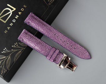 Bracelet de montre galuchat, bracelet de montre violet, bracelet de montre fait main, bracelet de montre personnalisé, bracelet de montre vintage, 26 mm 24 mm 23 mm 22 mm 21 mm 20 mm 19 mm 18 mm