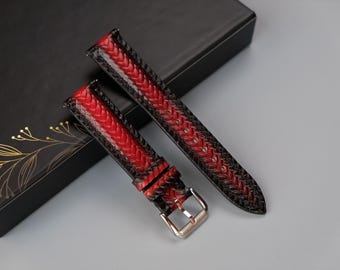Red Patina Leather Watch Strap: Handmade Veg-Tan, Custom Size