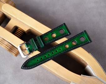 Vegetable-Tanned Leather Green Watch Strap: Handmade Band (14mm-26mm)