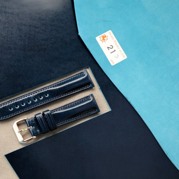 Shinki Hikaku Shell Cordovan Leather Strap,  Blue Watch Strap, 14mm 16mm 17mm 18mm 19mm 20mm 21mm 22mm 23mm 24mm 26mm