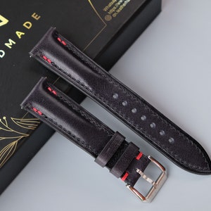 Handmade Vachetta Leather Watch Strap: Blue Black Vintage Band