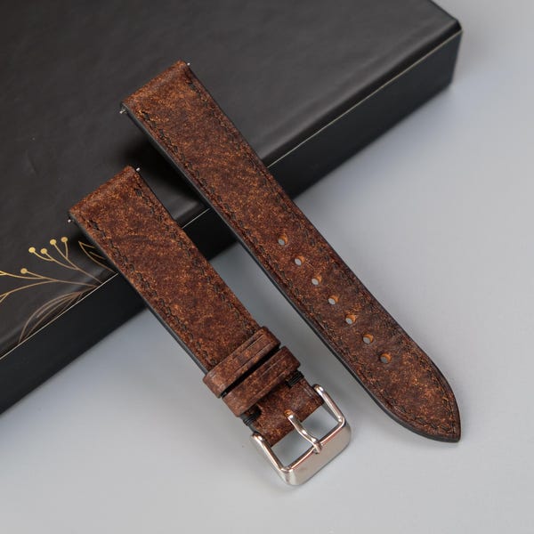 Correa de reloj de cuero italiano marrón hecha a mano personalizada - Tamaños de 26 mm a 10 mm