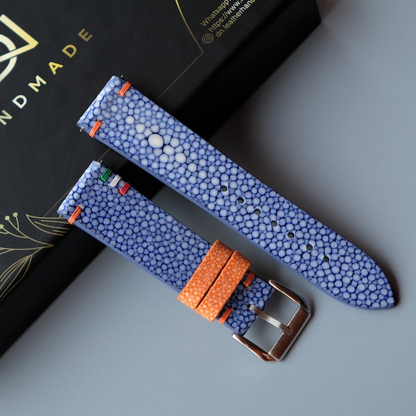 Handmade Stingray Watch Strap: Blue Leather Band with Pearl Accent