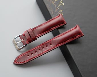 Burgundy Calfskin Leather Watch Strap, Custom Watch Strap, 26mm 25mm 24mm 23mm 22mm 21mm 20mm 19mm 18mm 17mm 16mm 15mm 14mm 12mm