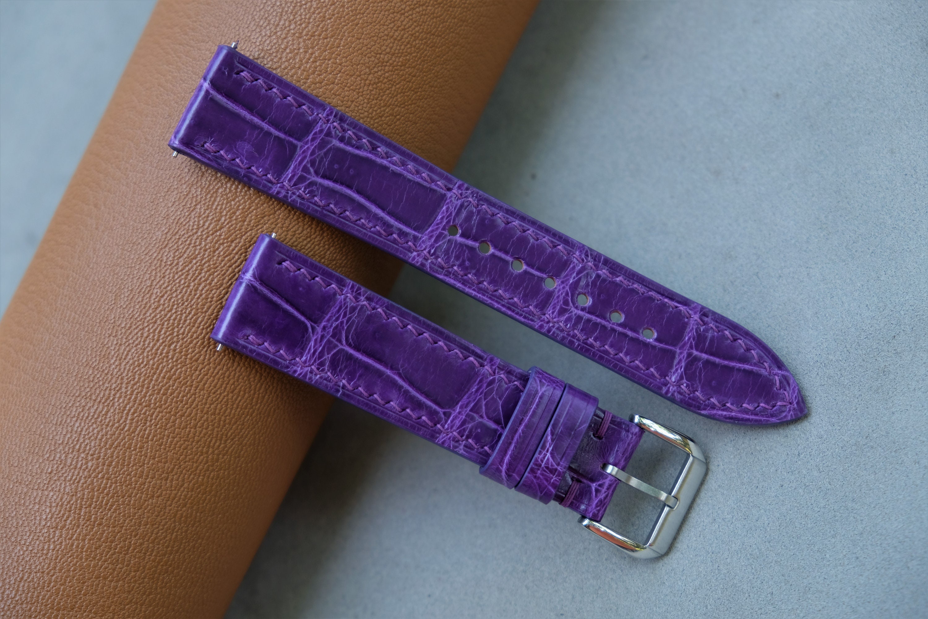 Purple Leather Watch Strap: Handmade Custom Sizes 26mm to  display picture 3