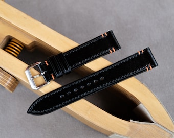 Shell Cordovan Leather Watch Band: Handmade Black Vintage Strap