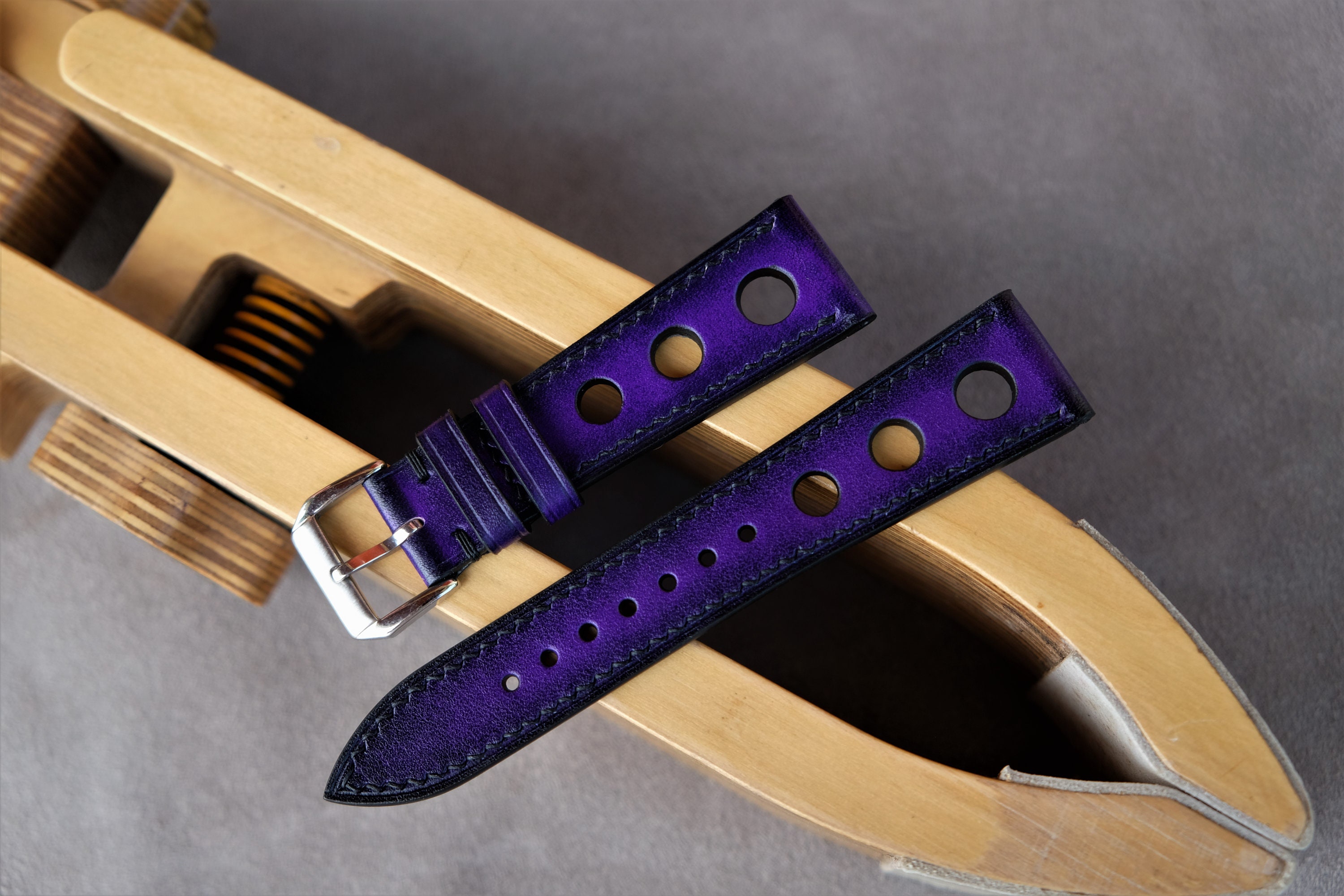 Vegetable-Tanned Leather Watch Strap: Purple Racing Style Band
