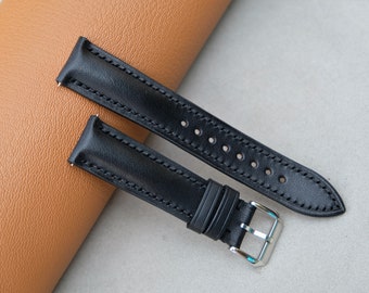 BUTTERO Leather Watch Strap: Handmade Black Vintage Style (20mm-26mm)
