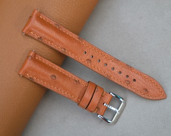 Correa de reloj de piel de avestruz marrón hecha a mano: tamaños personalizados.
