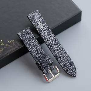 Black Stingray Leather Watch Strap with Pearl - Custom Size