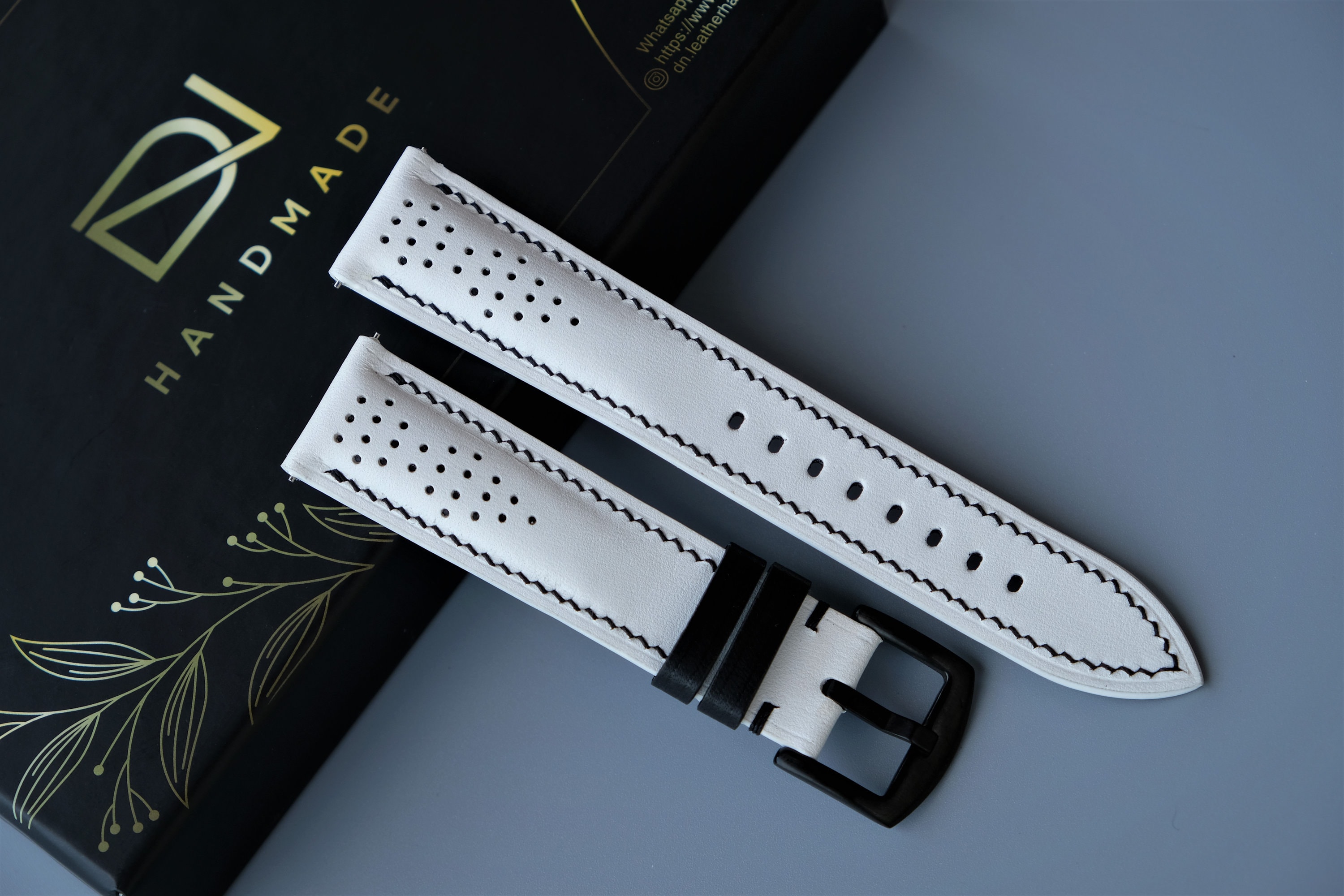 White Leather Rally Watch Strap: Handmade Custom Band