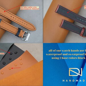 Puede incluir: Dos correas de reloj con correas de cuero negro y marr&oacute;n y costuras. Las correas est&aacute;n hechas de cuero de alta calidad, impermeable y resistente al sudor. El texto "Cow Yellow Leather Lining Hand Sweatproof, Waterproof" y "Black Leather Lining Hand Sweatproof, Waterproof" es visible en la imagen. El texto "Waterproof, Won't Absorb Sweat" es visible en la imagen. El texto "all of our watch bands use high quality waterproof and sweatproof leather lining, using 2 base colours black and fawn" es visible en la imagen. El texto "D HANDMADE" es visible en la imagen.