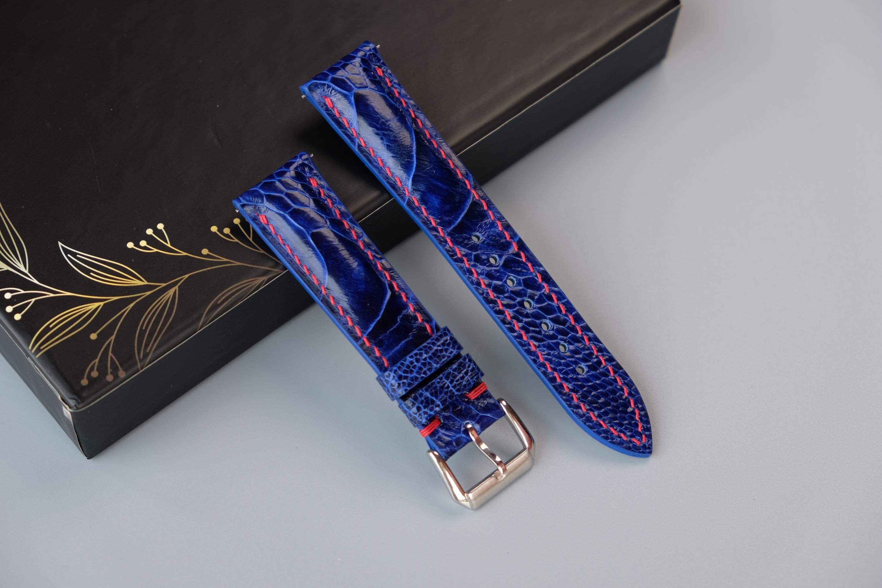 Blue Ostrich Leather Watch Strap - Custom Sizes From 26mm to 10mm