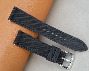 Handmade Black Canvas Watch Strap: Vintage Style, Custom Sizes