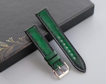 Patina Green Vegetable-Tanned Leather Watch Strap - Custom Sizes From 26mm to 10mm