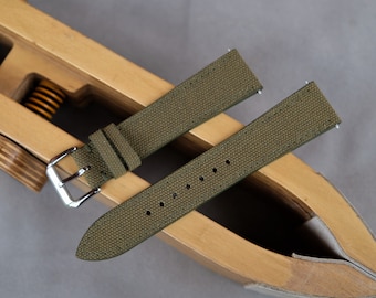 Correa de reloj de lona verde oliva: Hecha a mano, varios tamaños.