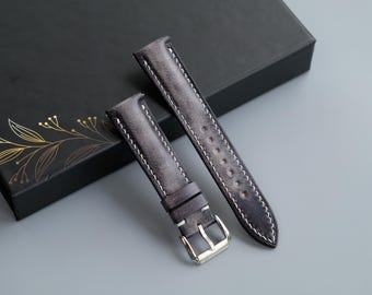 Correa de reloj de cuero gris con pátina curtida vegetal - Tamaños personalizados de 26 mm a 10 mm