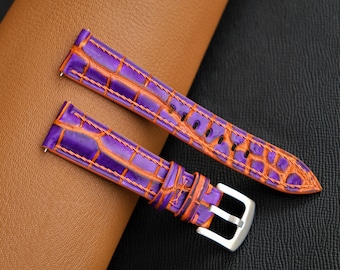 Handmade Exotic Leather Watch Strap: Purple & Orange, Custom Size