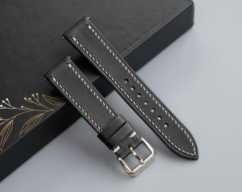 Black Maya Leather Watch Strap: Handmade with Stitching (26mm-10mm)