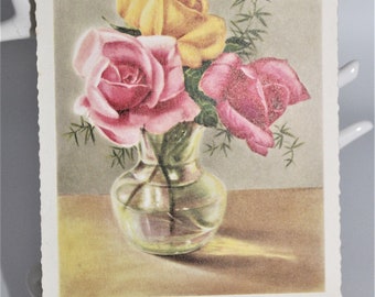 Old postcard, vintage postcard, bouquet of roses