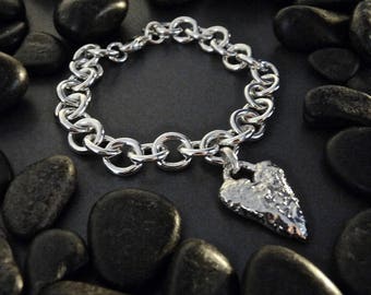 Sterling Silver Chain Heart Charm Bracelet, silver link with heart bracelet, charm jewellery, handmade by Tundra Jewellers