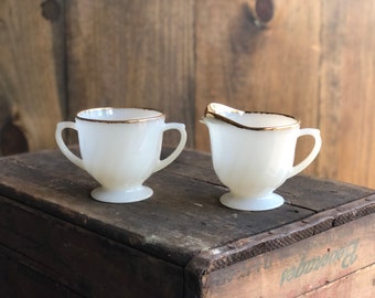 Vintage Fire King Swirl Sugar & Creamer Set with Sponged Gold Rim