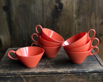 Vintage Unmarked Melamine Melmac Red-Orange Coffee Cups- Set of 7 Retro Atomic