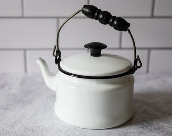 Vintage White Enamelware Tea Pot Teapot - Farmhouse Style Decor