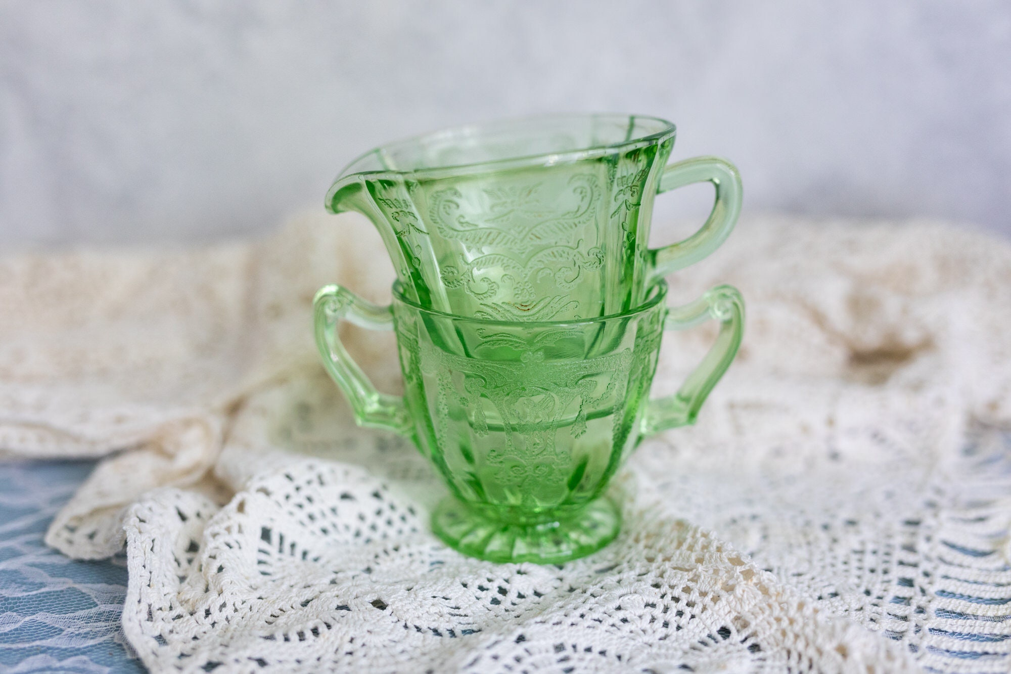 Vintage Green Depression Glass Set Creamer and Sugar Bowl Footed 1930s Cream & Sugar Cameo