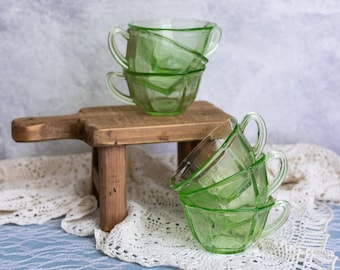 Vintage Green Depression Glass Teacup Tea Cup Set - 1930s Anchor Hocking Princess - set of 6 - Octagon