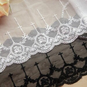 Galons à broder Rubans tulle dentelles brodé 12cm 4.7in Noir Blanc cassé Victorian embroidery cross lace trims tulle ribbons x1yrd LXGB17 image 3