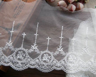 Galons à broder Rubans tulle dentelles brodé 12cm 4.7in Noir Blanc cassé Victorian embroidery cross lace trims tulle ribbons x1yrd LXGB17