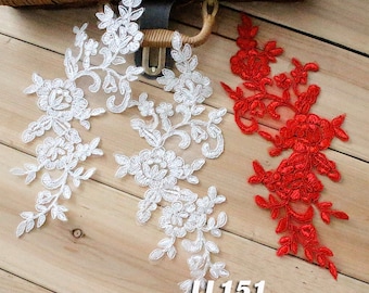 2x Appliqués en dentelle motif Fleuris Robe de couture Dentelle Alençon Guipure Dentelle à Coudre White/Red Embroidered Lace Appliques LL151