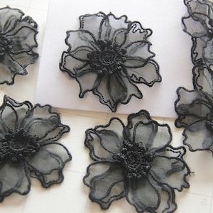 2x Black Lace Flower,3D Lace Appliques,Bridal Hair Flower,Brooch Flower,Couture Gowns Embroider Application 6.5cm LXGA28