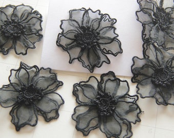 2x Black Lace Flower,3D Lace Appliques,Bridal Hair Flower,Brooch Flower,Couture Gowns Embroider Application 6.5cm LXGA28