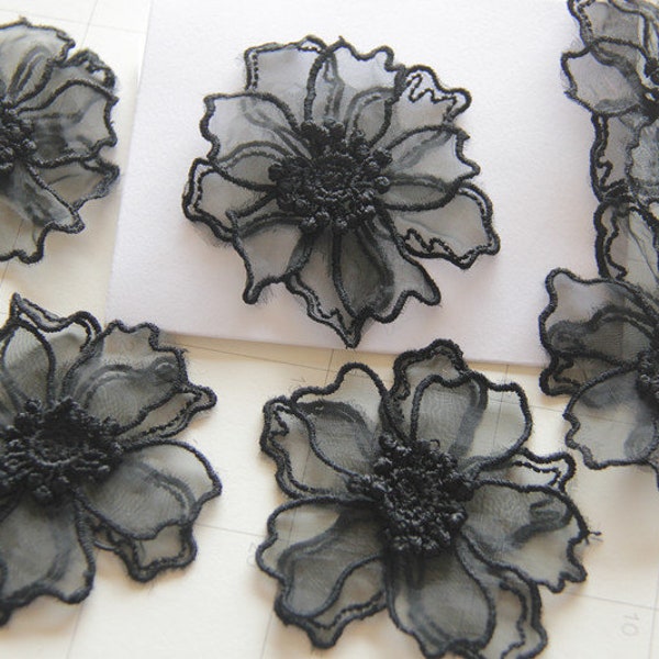 2x Noir Appliqués des fleurs,Fleur de mariée,3D Appliqués,Fleur de cheveux,Broche fleur 6.5cm LXGA28