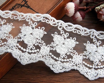 Scalloped edge trims,Victorian floral lace trims,embroidery roses,DIY lingerie skirt edge trims 8cm 3.1" Black Beige Off-white x1yrd LXG6