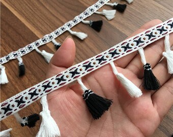 Black and white embroidery ethnic tassel lace trims ribbons 5cm 1.96" x1yrd BYDC125