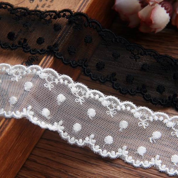 2yrd Embroidered Polka Dots Lace Trims,4cm 1.5",Venice trims,Costume Lace Trimmings,Underwear Trim,Broderie Anglaise Off-white Black LXGC15