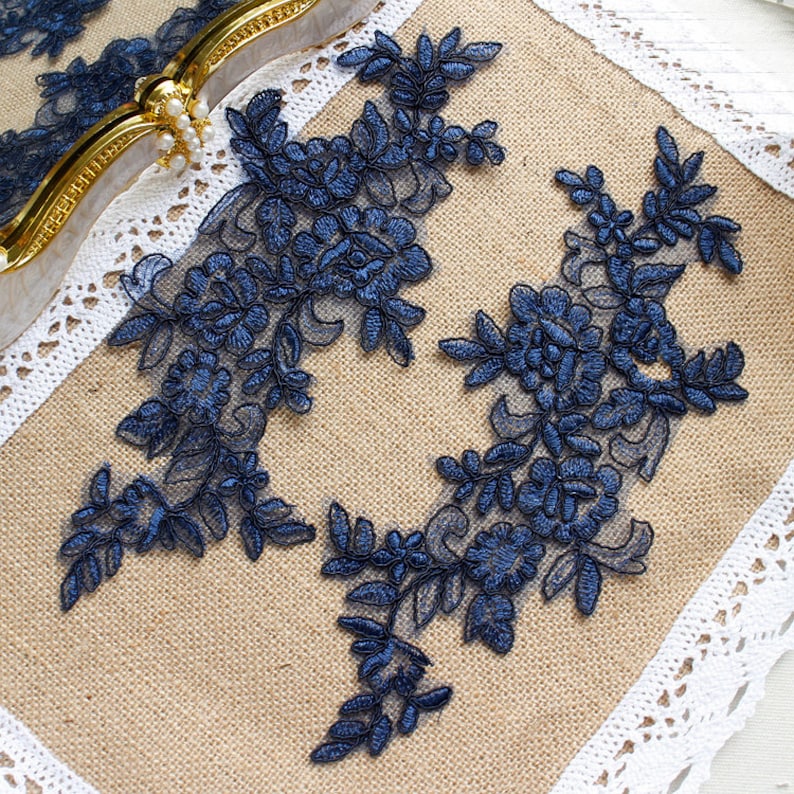 Appliqués en Dentelle DIY Venise Appliqués Alençon Guipure Appliqués Patch à Coudre Robe de Mariage Alencon Lace Appliques Patches LL179W Navy blue